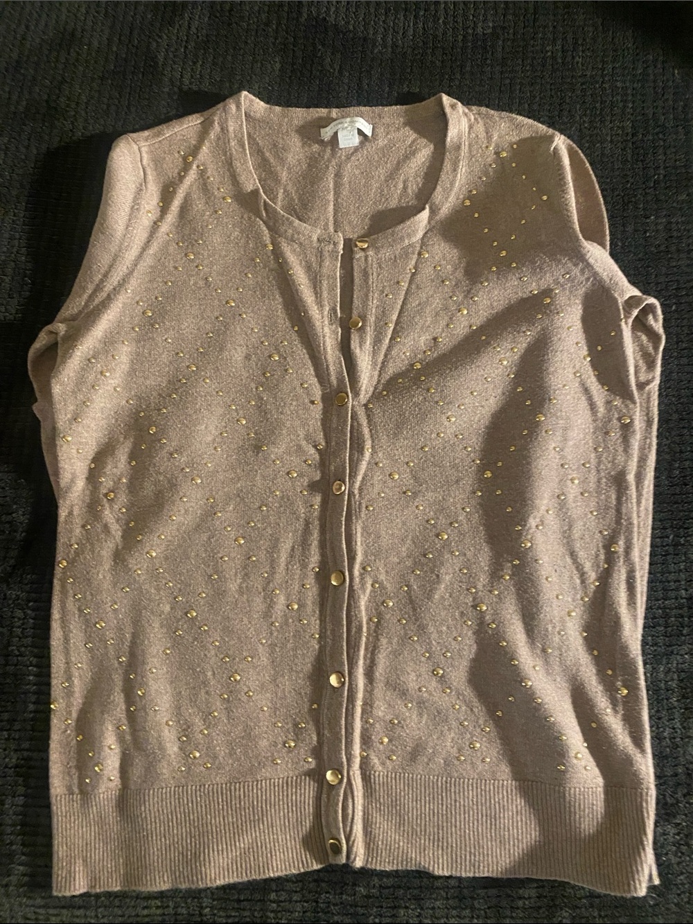 Women's Embellished Taupe Button-Front Sweater Cardigan